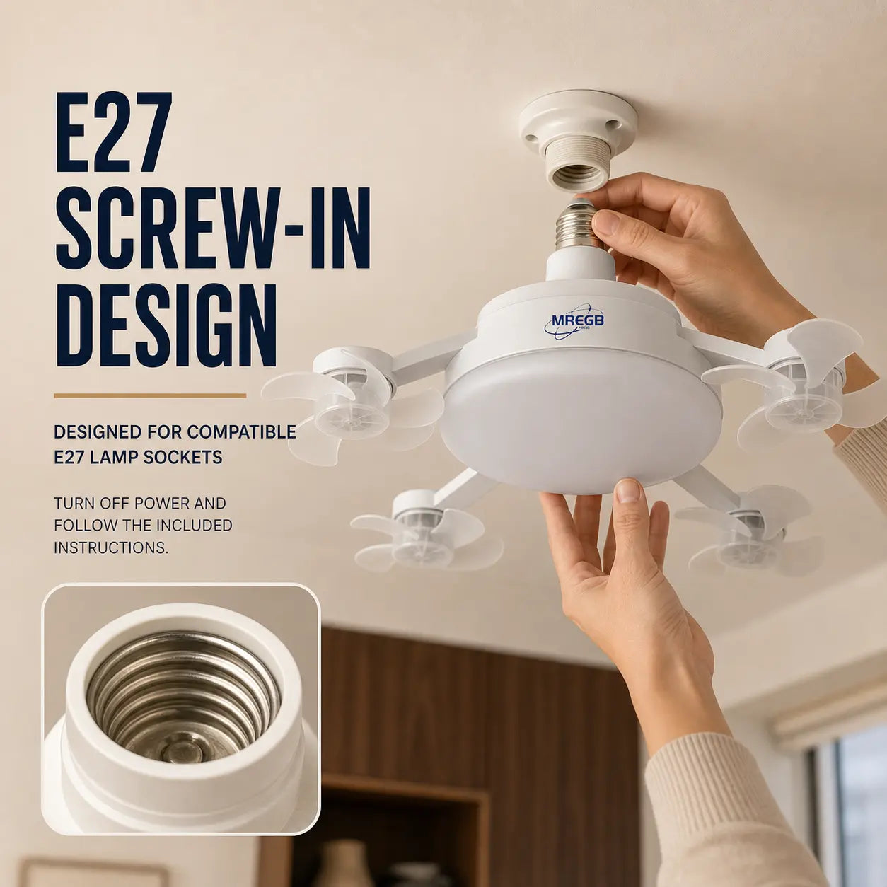 MREGB 2026 Dimmable LED Ceiling Fan Light with Remote - Ultra-Quiet, Energy-Saving 2-in-1 E27 Socket Fan for Bedroom, Kitchen, Garage