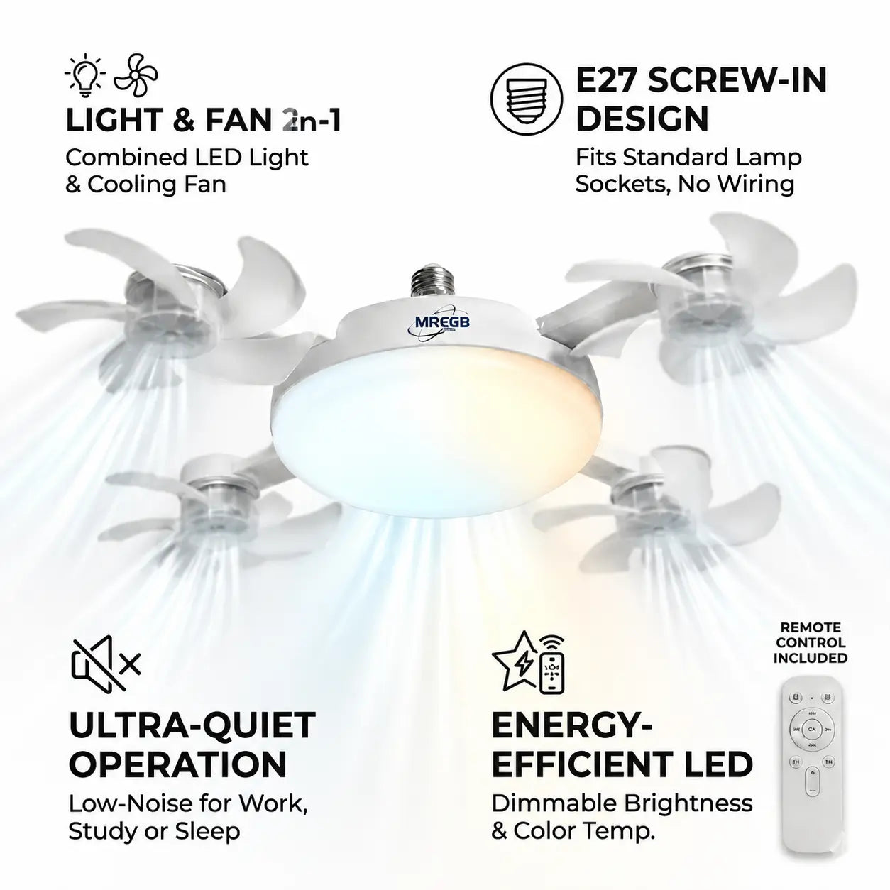 MREGB 2026 Dimmable LED Ceiling Fan Light with Remote - Ultra-Quiet, Energy-Saving 2-in-1 E27 Socket Fan for Bedroom, Kitchen, Garage