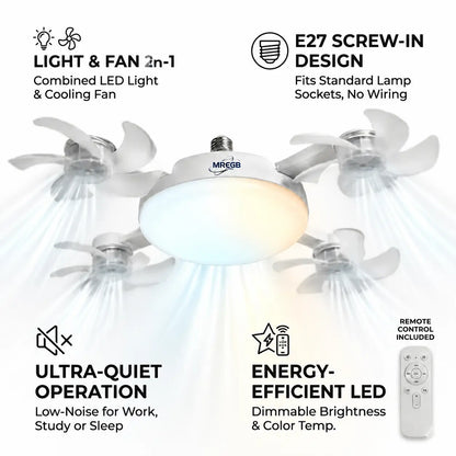 MREGB 2026 Dimmable LED Ceiling Fan Light with Remote - Ultra-Quiet, Energy-Saving 2-in-1 E27 Socket Fan for Bedroom, Kitchen, Garage