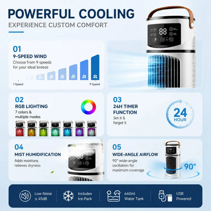 Stay Cool and Refreshed with Our Multifunctional Mist Humidifier and Cooling Fan - 9-Speed Settings, 8-Hour Timer, and Color-Changing LED Lights for Home, Office, and Dormitory!