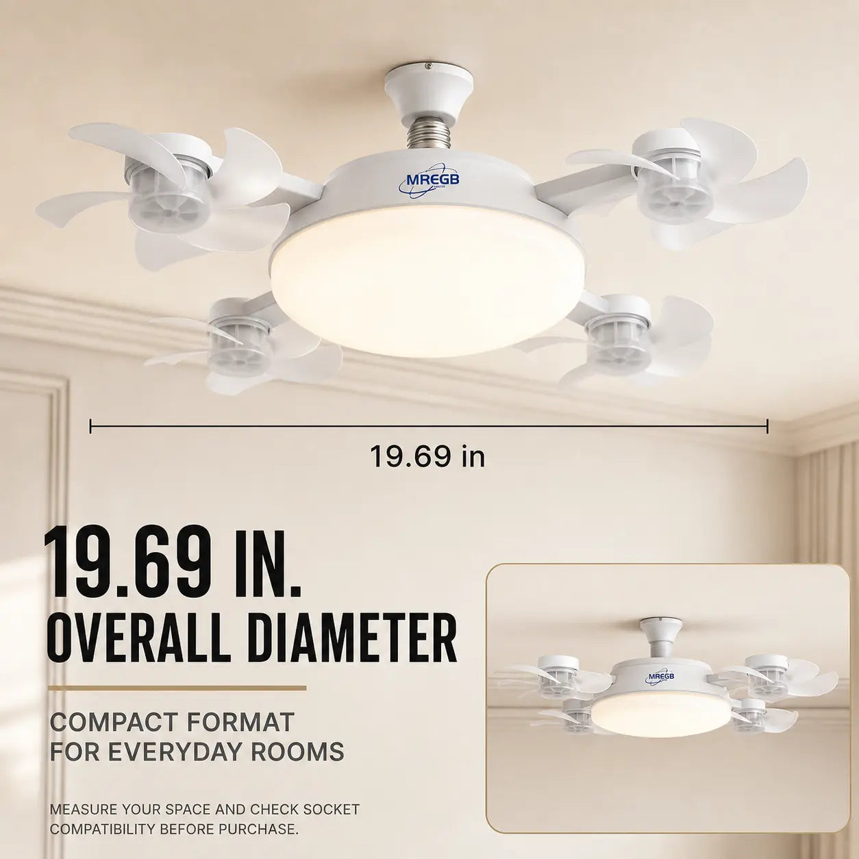 MREGB 2026 Dimmable LED Ceiling Fan Light with Remote - Ultra-Quiet, Energy-Saving 2-in-1 E27 Socket Fan for Bedroom, Kitchen, Garage