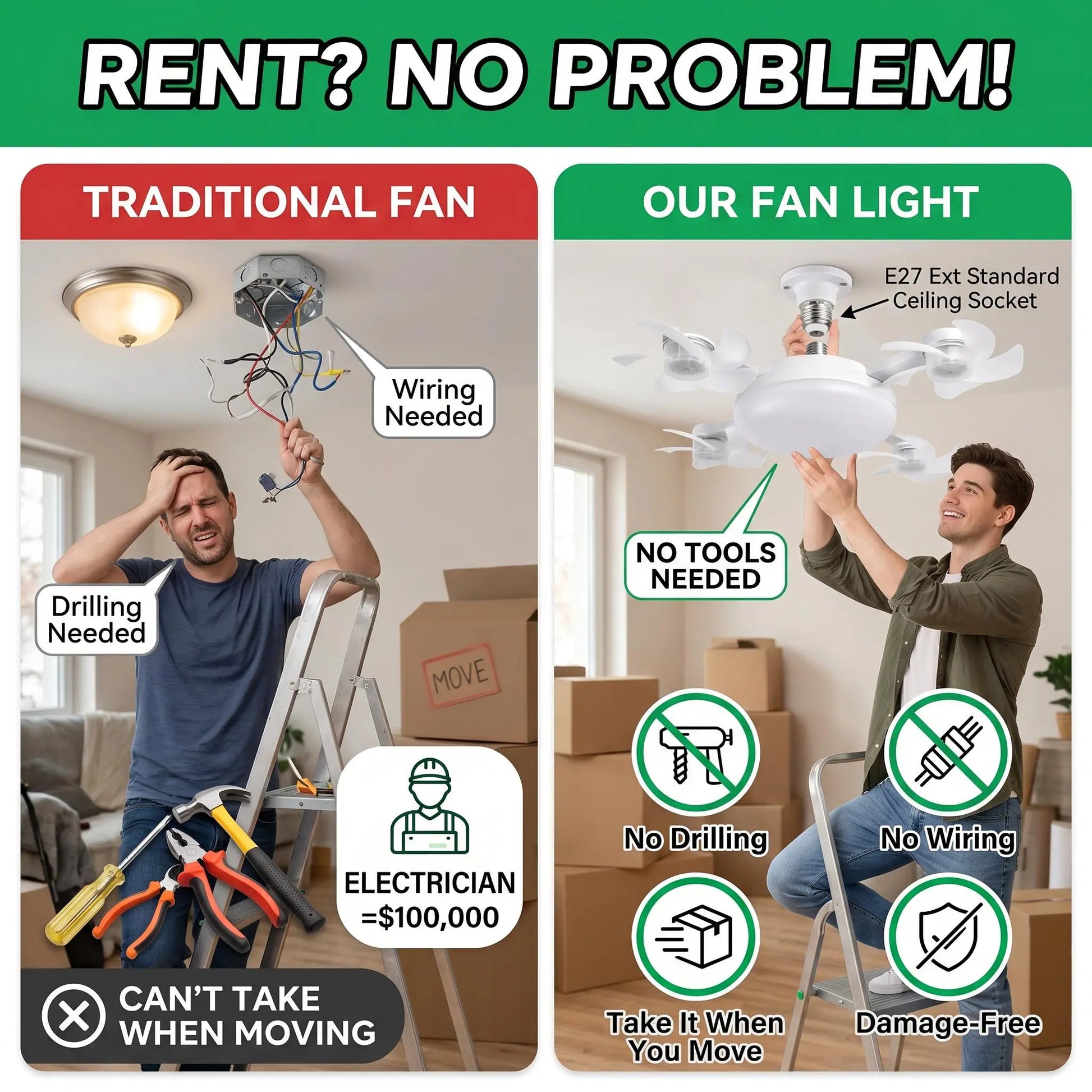 MREGB 2026 Dimmable LED Ceiling Fan Light with Remote - Ultra-Quiet, Energy-Saving 2-in-1 E27 Socket Fan for Bedroom, Kitchen, Garage
