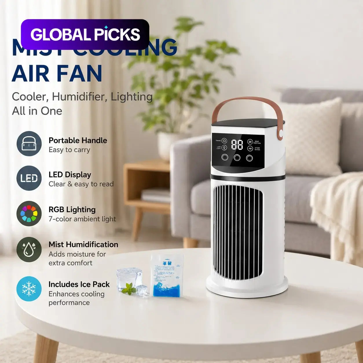 Stay Cool and Refreshed with Our Multifunctional Mist Humidifier and Cooling Fan - 9-Speed Settings, 8-Hour Timer, and Color-Changing LED Lights for Home, Office, and Dormitory!